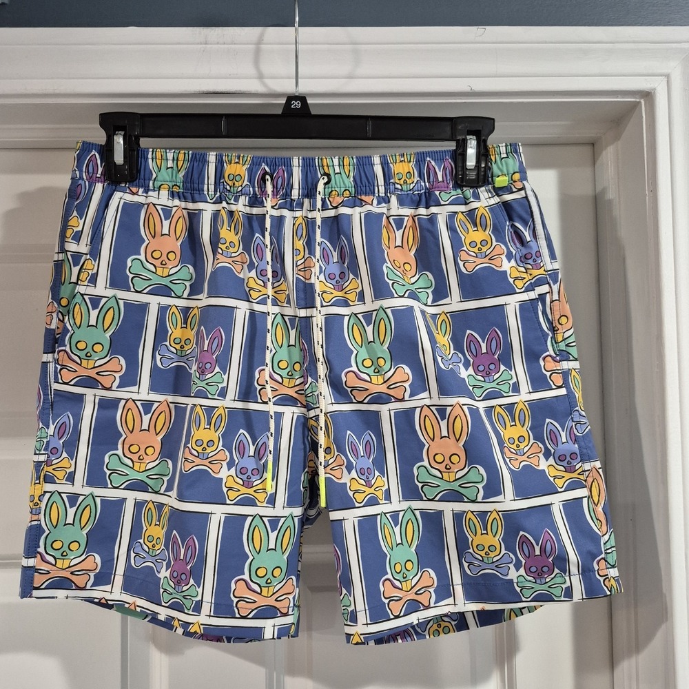 Psycho Bunny Swim Trunks Mensโ Medium Blue Allover Logo Brief Lined Shorts